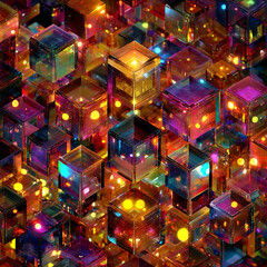 Surreal cubes prismatically arranged endless cascade glowing rainbow light surreal wallpaper visionary motif.
