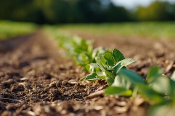 Young green soybean plants growing in a row on a farm. Agriculture and cultivation concept with selective focus on a new crop in the soil