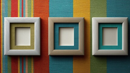 Three Square Blank Picture Frames Mockup on Vibrant Colorful Striped Fabric Background for Art Gallery Presentation and Interior Design