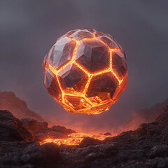 Surreal soccer ball glowing made from crystalline panels levitating midair above volcanic rocks blazing below, surreal  