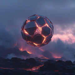 Surreal soccer ball glowing made from crystalline panels levitating midair above volcanic rocks blazing below, surreal  