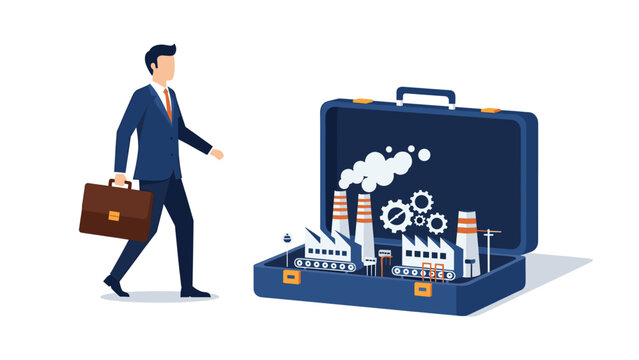 A businessman carries a briefcase walking towards an open suitcase with a factory inside