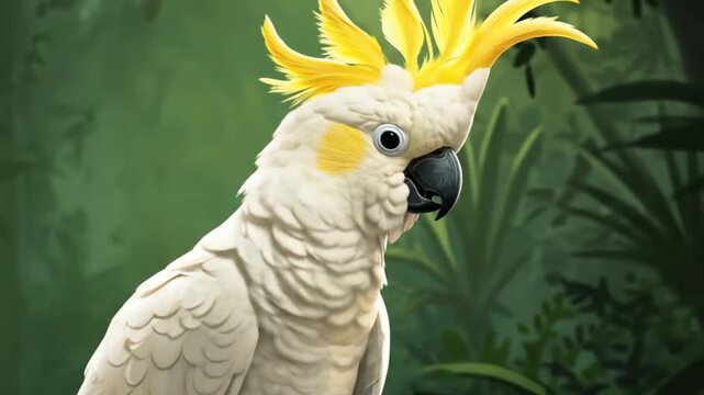 A close-up digital painting of a white parrot with a yellow crest gazes forward, amidst lush green jungle foliage