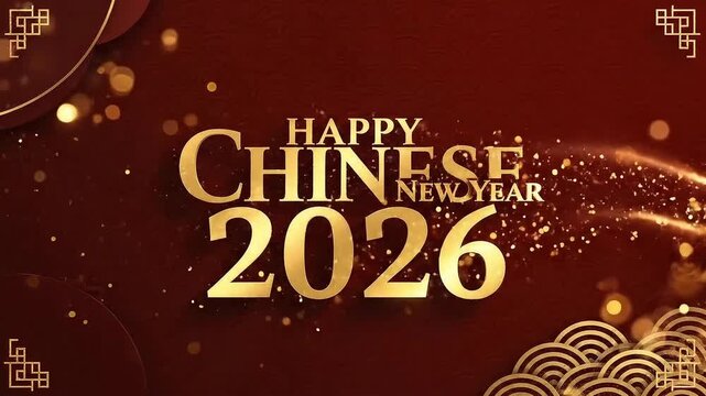 Happy Chinese New Year 2026 gold text on red background