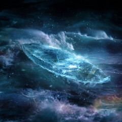 Surreal surfing board carved ice slab floating mid cosmic ocean waves luminous glowing surreal imaginative novelty strictly objective human absent.