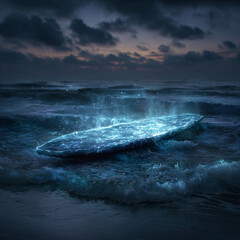 Surreal surfing board carved ice slab floating mid cosmic ocean waves luminous glowing surreal imaginative novelty strictly objective human absent.