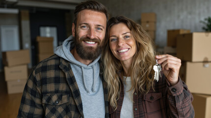 Happy couple celebrating new home with keys in hand amid moving boxes