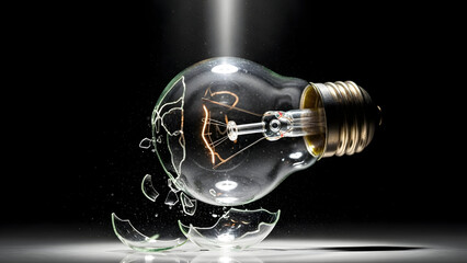A light bulb made of fragile glass falling and cracking before glowing again, innovation failure and learning concept, dark background, dramatic light