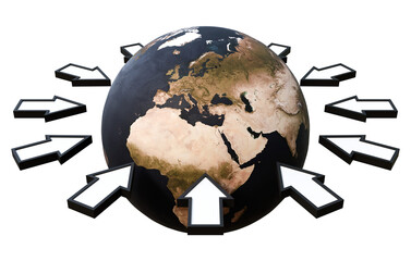 Earth globe surrounded by cursor arrows on a isolated background. Global network and internet concept. World and arrows.