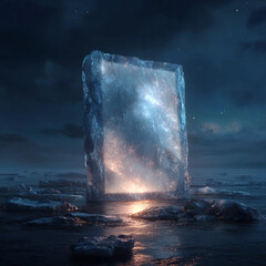 Surreal tablet mockup sculpted from translucent glacier block floating in endless night sea, screen-like surface glowing softly, 