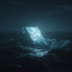 Surreal tablet mockup sculpted from translucent glacier block floating in endless night sea, screen-like surface glowing softly, 