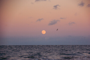 winter sunset at the beach in scotland with a full moon