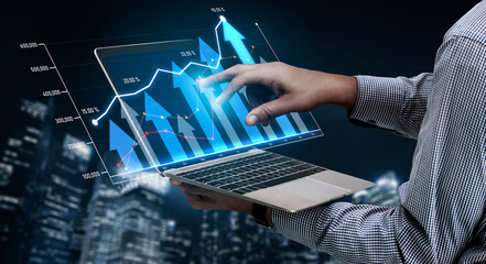 A business professional interacts with a laptop displaying financial graphs and growth indicators against a dynamic city skyline at night, symbolizing modern analytics. Scalp