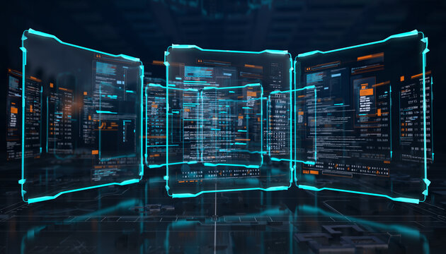 Futuristic technological display featuring data interface screens and information in a data center. The sleek digital world is depicted, with various interfaces, data. - Powered by Adobe
