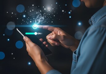 Person activating a digital interface on a phone with glowing effects and dark background setting