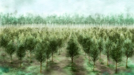 Obraz premium Sustainable Wood Plantation Illustration Serene Future Growth Harmony Green Tones Artistic Concept