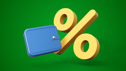 Wallet with percentage icon isolated on a green  background. Financial growth, investments, returns, or cashback. Percentage sign and wallet.