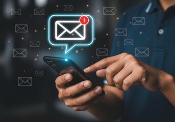 Person holding smartphone with new email notification and envelope icons floating around them image