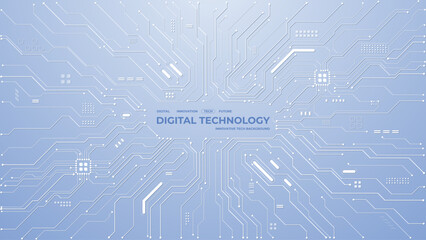 Modern tech background with abstract circuit patterns and bright digital elements. Futuristic white design featuring geometric lines and minimalist blue accents for covers. Digital vector background.