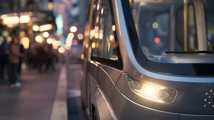 Futuristic driverless shuttle reflects city lights showcasing modern urban mobility innovation