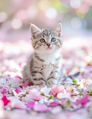 Adorable Kitten Sitting on Soft Floral Background