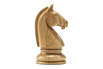 Wooden Chess Knight Piece in Classic Style with Warm Lighting on White Background for Strategy Game