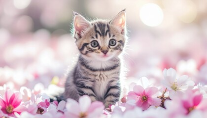 Cute Kitten Surrounded by Pink Petals in Soft Light