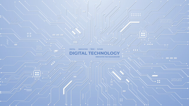 Modern tech background with abstract circuit patterns and bright digital elements. Futuristic white design featuring geometric lines and minimalist blue accents for covers. Digital vector background.