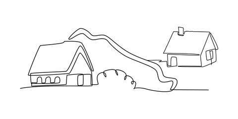 Landscape with village houses line drawing, Continuous one line drawing, Rural landscape continuous one line vector drawing. Lake house in the woods hand drawn silhouette.
