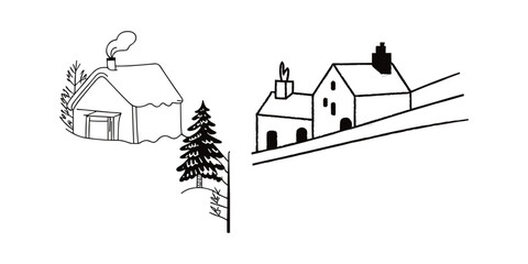 Landscape with village houses line drawing, Continuous one line drawing, Rural landscape continuous one line vector drawing. Lake house in the woods hand drawn silhouette.