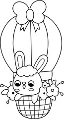 Vector Easter bunny flying on hot air balloon with flowers. Funny rabbit line icon. Spring or farm animal black and white illustration for kids. Funny hare clipart, coloring page isolated on white