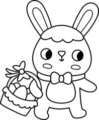 Vector Easter bunny with eggs basket. Rabbit with bow tie line icon. Spring or farm animal black and white illustration for kids. Funny hare clipart, coloring page isolated on white background