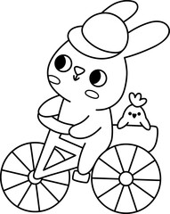 Vector Easter bunny riding bicycle with chick in the basket. Funny rabbit on bike line icon. Cute spring or farm animal black and white illustration for kids. Funny hare clipart, coloring page