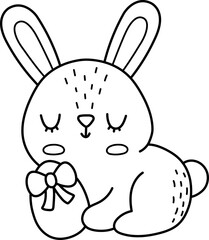 Vector Easter bunny sitting with decorated egg. Funny rabbit line icon. Cute spring or farm animal black and white illustration for kids. Funny hare clipart, coloring page isolated on white background