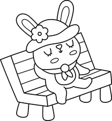 Vector Easter bunny in hat sitting and resting on a wooden bench. Funny rabbit line icon. Cute spring or farm animal black and white illustration for kids. Funny hare clipart, coloring page