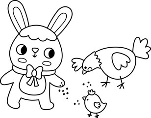Vector Easter bunny feeding chick with hen. Funny rabbit line icon. Cute spring or farm animal black and white illustration for kids. Funny hare clipart, coloring page isolated on white background