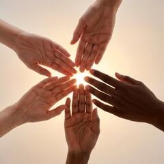 Diverse hands reaching towards the light in a circular formation
