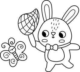 Vector Easter bunny catching butterfly with a net. Funny rabbit line icon. Cute spring or farm animal black and white illustration for kids. Funny hare clipart, coloring page