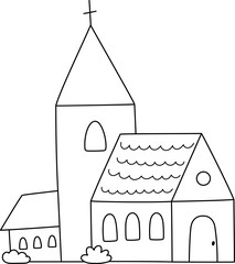 Vector church line icon isolated on white background. Country temple black and white illustration. Easter village red roofed chapel with cross. Rural Christian cathedral clipart, coloring page