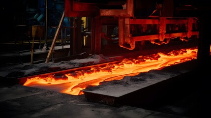 Molten metal flows forging strong sheets within a modern industrial casting process