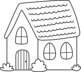 Vector line country house icon isolated on white background. Farm or Easter village wooden cottage illustration, coloring page. Cute rural garden black and white home