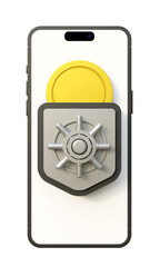 Smartphone with coin inside vault and on screen. Secure and protect concept. Mobile wallet, online payment and money transfer concept on a isolated background. Protection concept0 Safe payment.