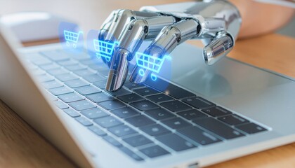 Robotic hand interacting with a laptop, symbolizing technology and online shopping