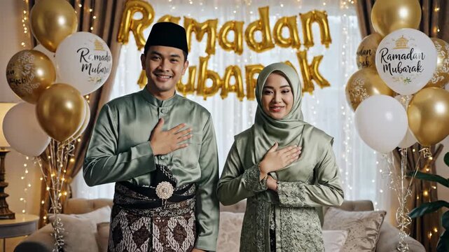 Muslim couple giving a greeting with hands on hearts during Ramadan. Husband and wife in traditional green attire celebrating Eid al-Fitr at home with balloons. Hari Raya Aidilfitri concept