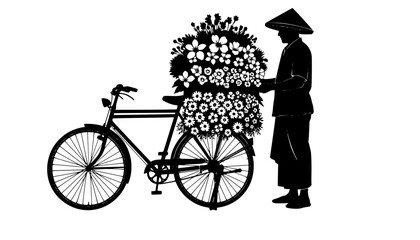 Local Flavor: Traditional Street Flower Vendor with Bicycle Silhouette - Authentic Culture Vector