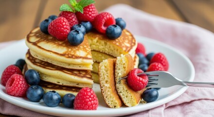 Delicious stack of golden pancakes with fresh berries and mint