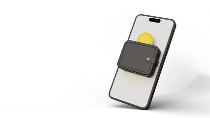 Smartphone with coin inside wallet and on screen. Mobile wallet, online payment and money transfer concept with space for text on a isolated background.