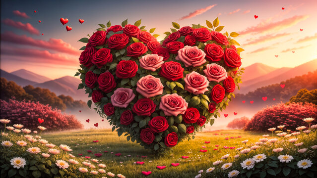 Rosenherz aus roten und rosa Rosen schwebt &uuml;ber Wiese bei Sonnenuntergang &ndash; romantische Landschaft f&uuml;r Valentinstag