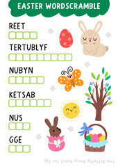 Vector Easter word scramble activity page. English language game with bunny, colored egg, basket, blooming tree, butterfly, sun for kids. Spring holiday family quiz, printable worksheet