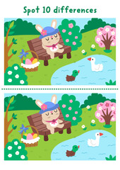 Easter find differences game for children. Spring holiday educational activity with bunny sitting on bench near pond with birds. Puzzle for kids. Printable worksheet, page with cute rural scene